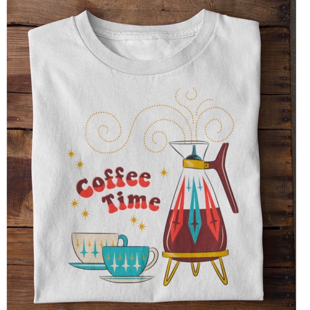 RETRO PYREX MID-CENTURY MODERN COFFEE TIME WHITE T-SHIRT